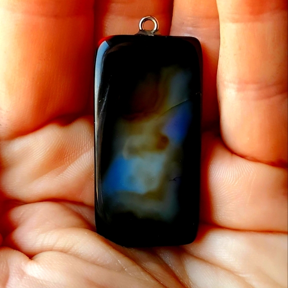 New Yellow Black Fire Agate Oblong Pendant. - Picture 2 of 16